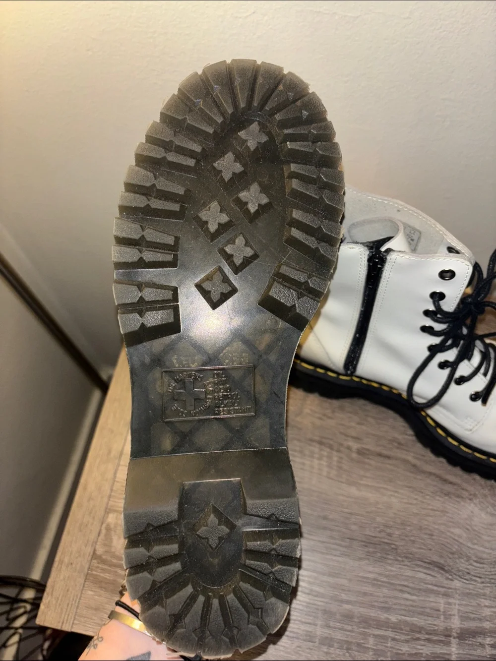 Dr. Martens White Leather Platform Combat Boots with Black Laces